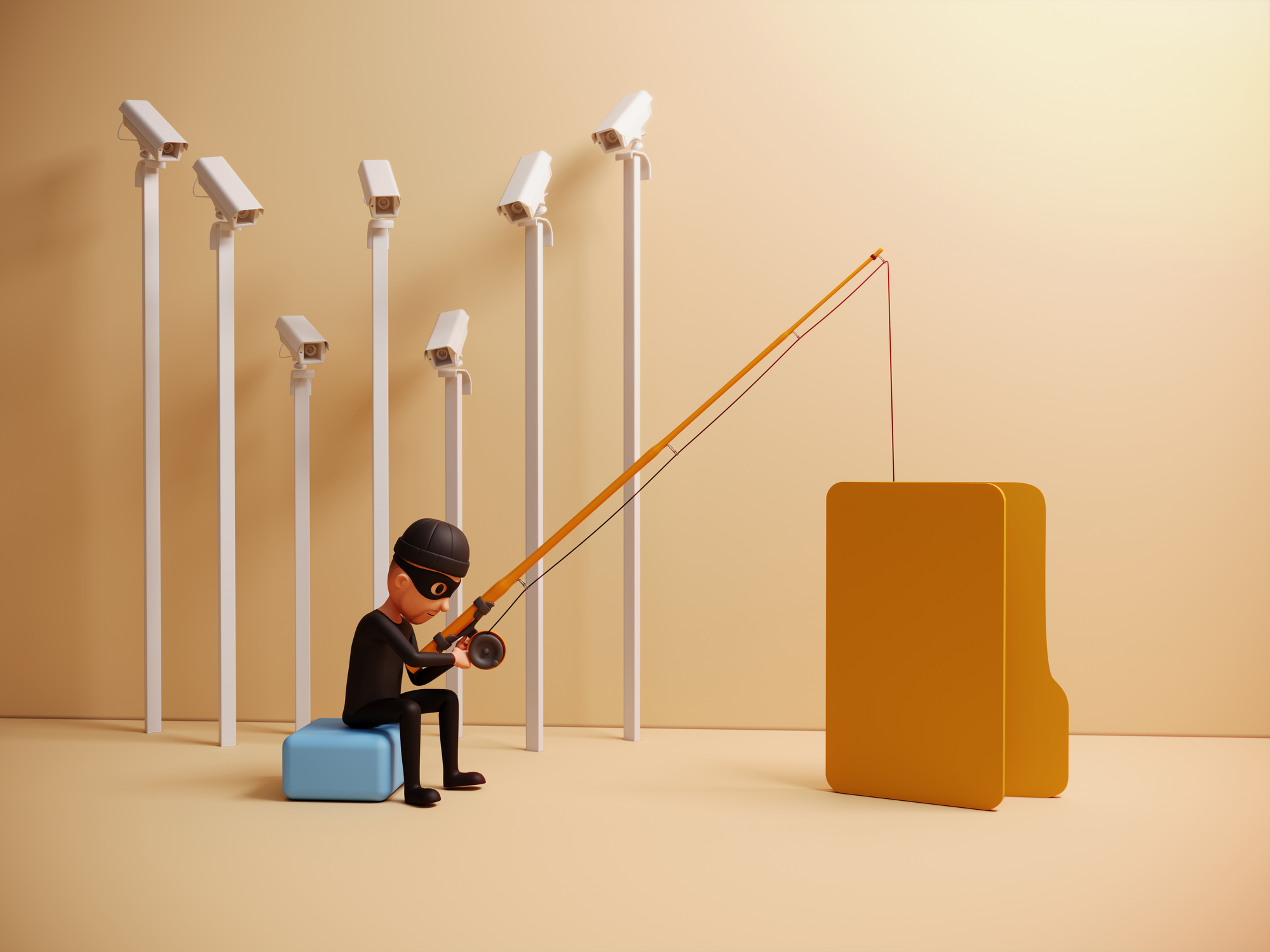 Изображение. Камеры видеонаблюдения следят за действиями потенциального злоумышленника над папкой с данными, символизируя необходимость защиты почтовых серверов вместе с конечными точками