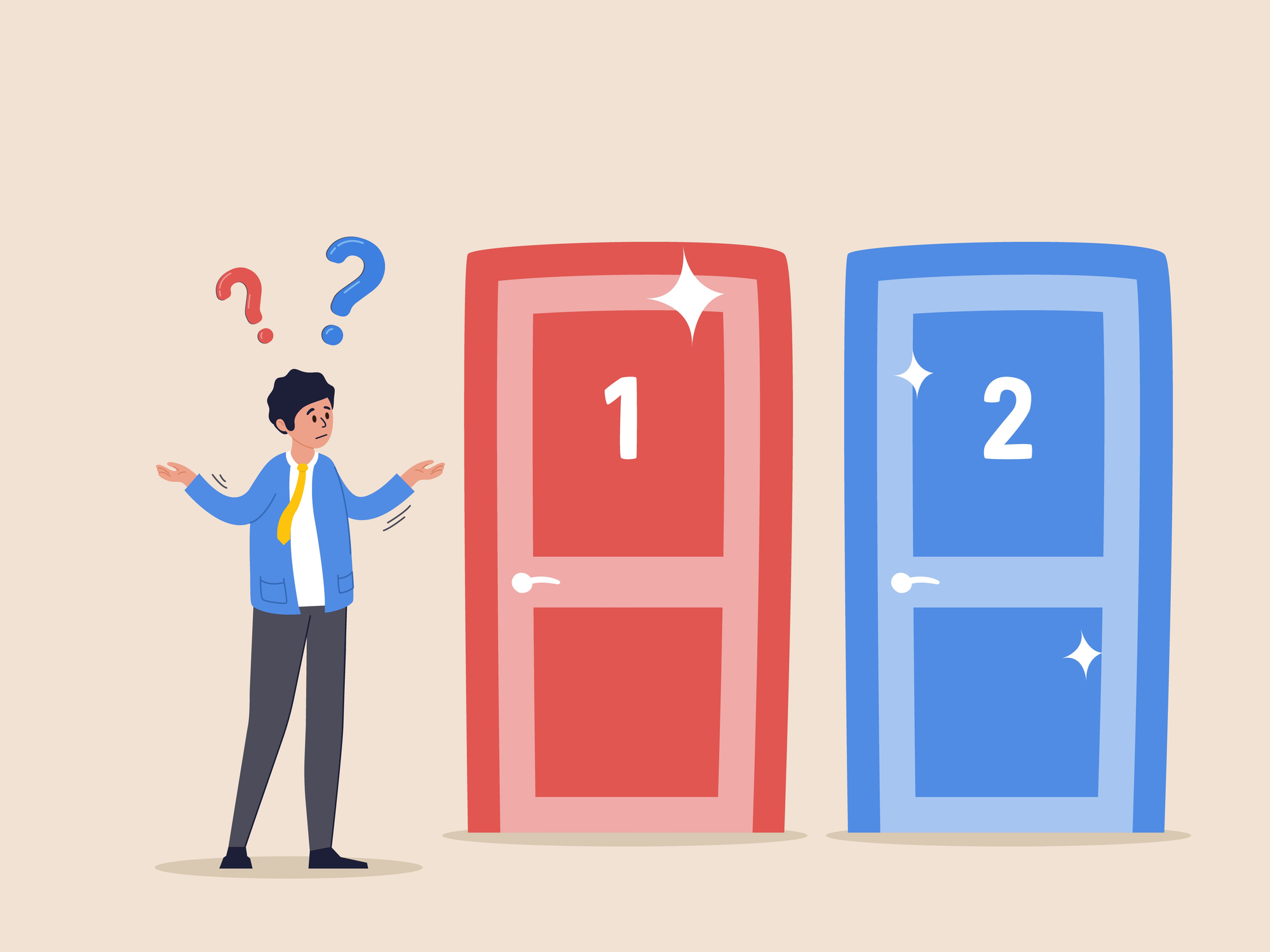 Изображение. Человек в растерянности стоит перед двумя дверями с номерами 1 и 2, символизируя выбор между различными типами лицензий КОМПАС-3D