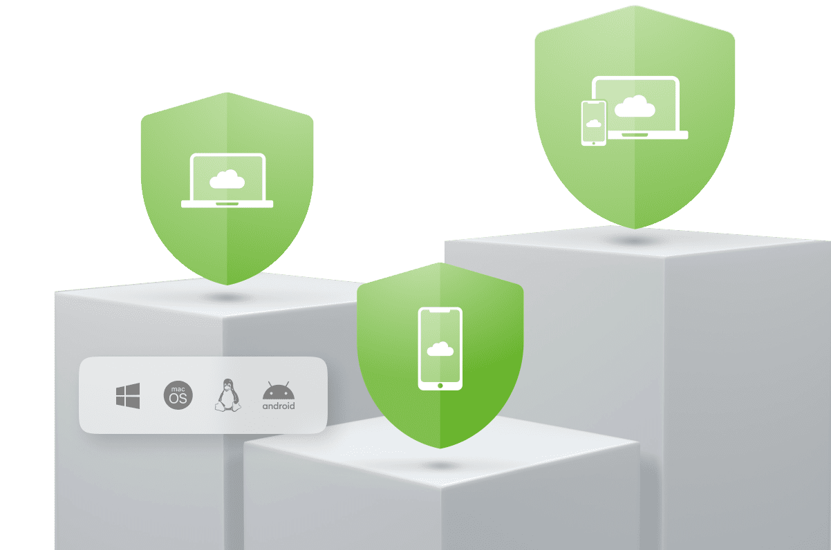 Изображение. Зеленые щиты с иконками разных гаджетов на пьедесталах и значки разных ОС