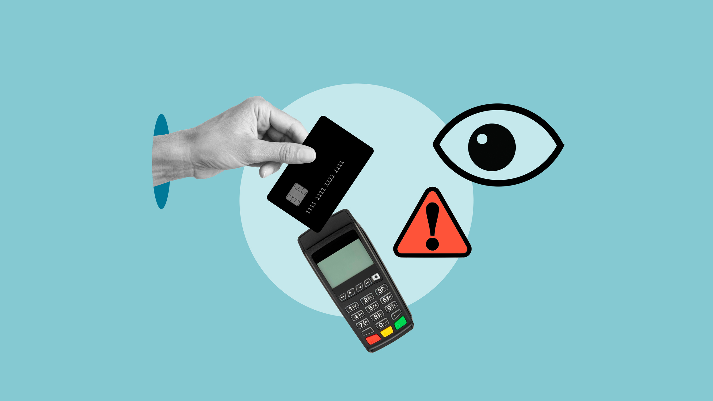 Изображение. Рука держит банковскую карту над платежным терминалом. Знак опасности символизирует риски при оплате через серые схемы и обходные пути
