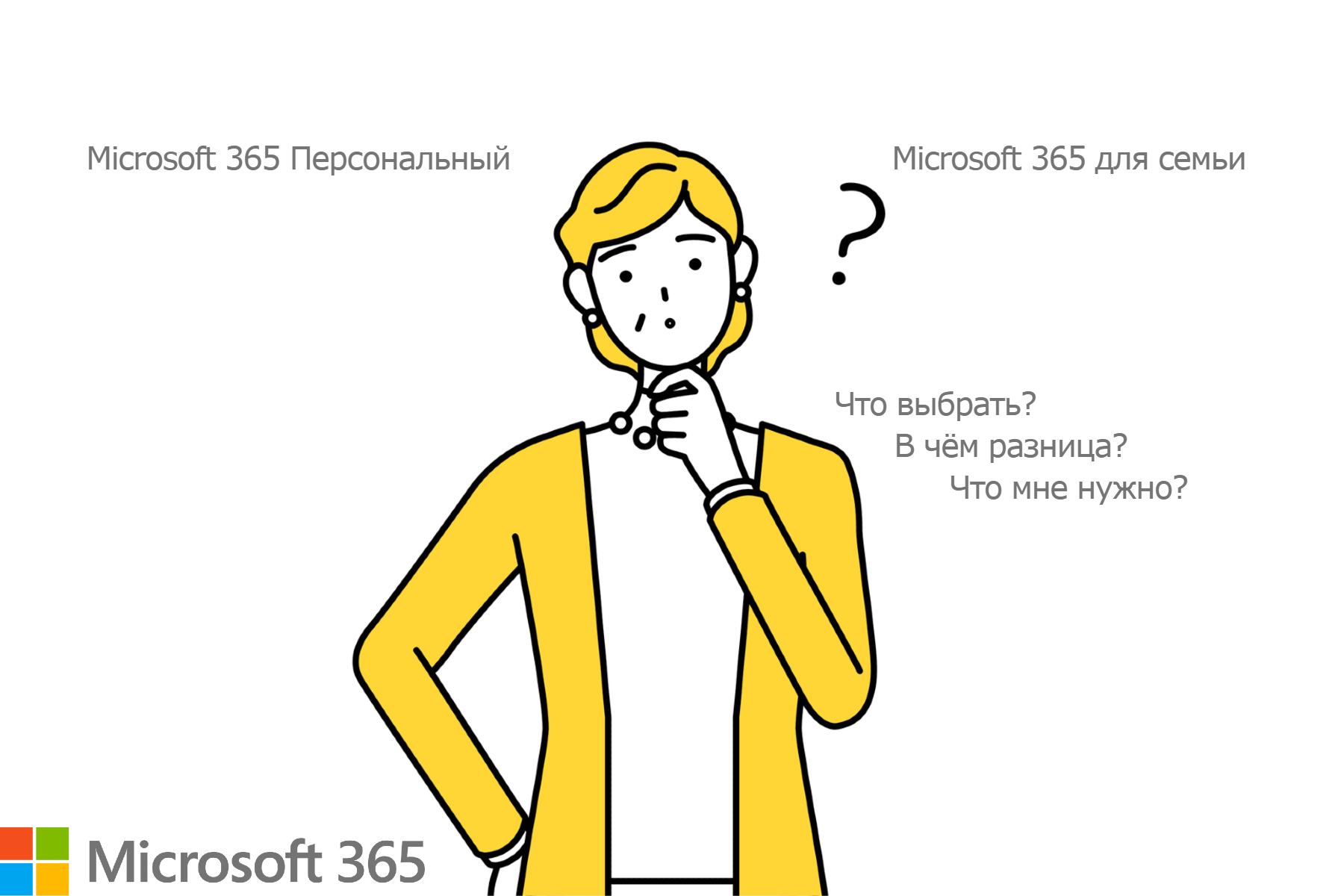 Изображение. Нарисованный персонаж женского пола в жёлтой кофте размышляет над выбором между Microsoft 365 Персональный и Microsoft 365 для семьи.