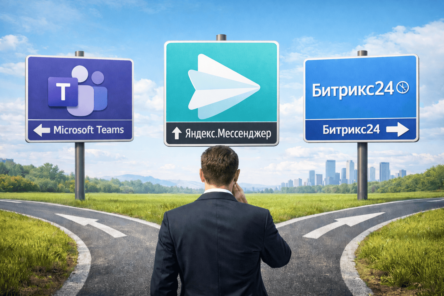 Изображение. Человек в деловом костюме стоит перед развилкой дорог с указателями на Microsoft Teams, Яндекс.Мессенджер и Битрикс24 символизируя выбор платформы как бизнес-решения.