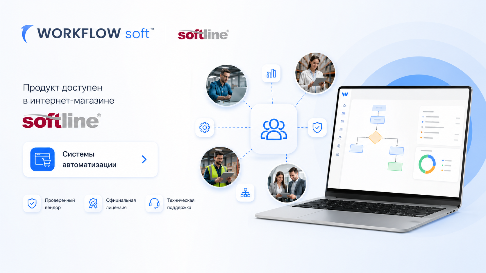 Изображение. Рекламный баннер Workflowsoft, сообщающий о доступности продукта в интернет-магазине Softline в категории системы автоматизации и демонстрирующий интерфейс платформы на экране ноутбука.