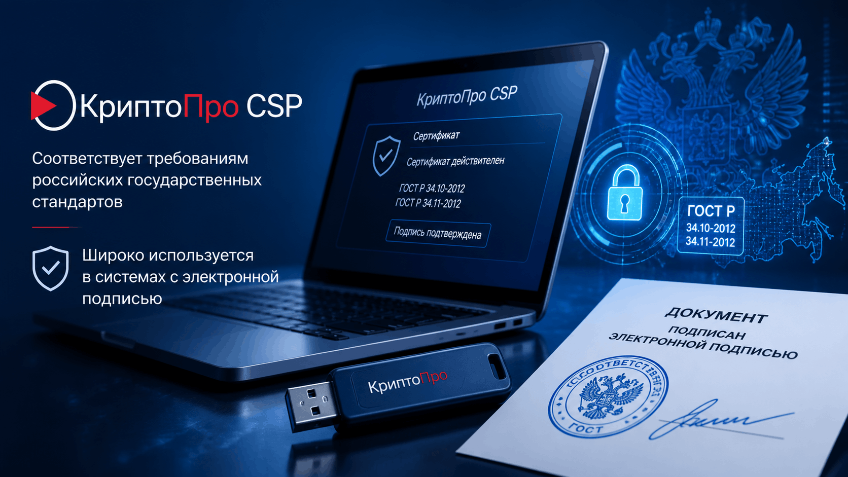 Изображение. Ноутбук, USB-токен и документы с синей печатью, символизирующие электронную подпись с КриптоПро