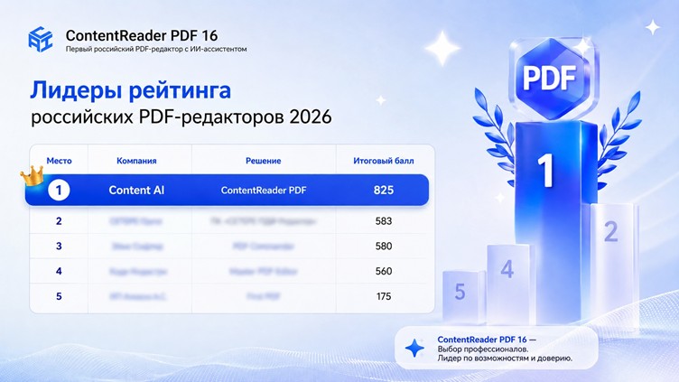 Изображение. Рейтинг российских PDF-редакторов 2026 года, где ContentReader PDF занимает первое место.