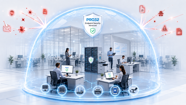 Изображение. Офис под светящимся защитным куполом PRO32 Endpoint Security Advanced: сотрудники работают за компьютерами, а красные значки угроз отражаются от купола снаружи